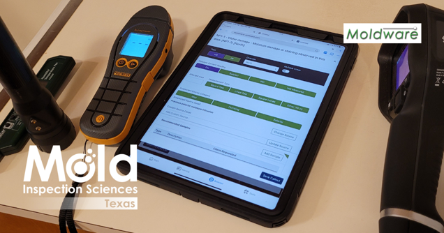 The image showcases a tablet displaying a form, surrounded by inspection tools on a table. A logo for Mold Inspection Sciences Texas and Moldware is visible, highlighting their role in mold detection and sampling. These tools aid in comprehensive mold assessment and investigation efforts.
