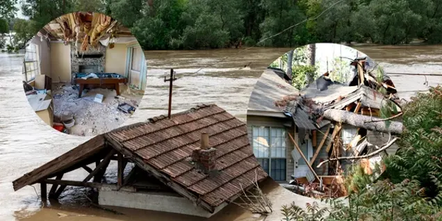 A flooded house with water up to the roof. Two circular insets show a damaged interior room and mold growth, plus a collapsed roof with a fallen tree, highlighting the destruction from flooding. Trees and muddy water are in the background.