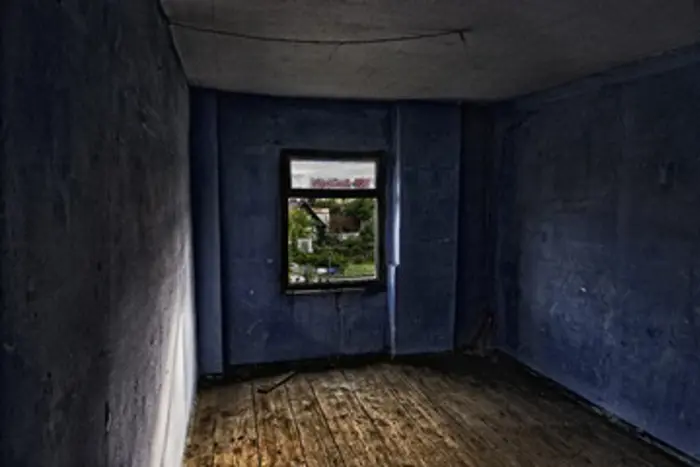 A dimly lit, empty room with dark blue walls and a wooden floor awaits inspection. A small window reveals a view of trees and buildings outside, while the ceiling shows signs of wear with visible cracks.