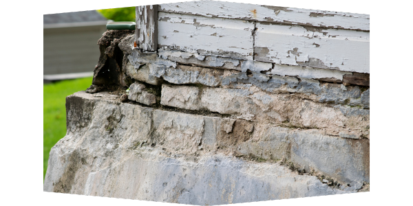 Close-up of a weathered, cracked foundation with mold creeping through layers of old, peeling white paint and exposed stone. The structure shows signs of age and deterioration, surrounded by green grass and a blurred background.