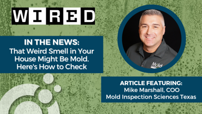 Article headline with a smiling man on a green mold-textured background. The text reads, In the News: That Weird Smell in Your House Might Be Mold. Here's How to Check. Featuring Mike Marshall, COO, Mold Inspection Sciences Texas, and tips on effective testing. Wired logo above.