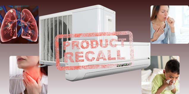 A large PRODUCT RECALL stamp covers an image of an air conditioner, surrounded by people coughing and inflamed lungs, highlighting a health-related issue possibly discovered during inspection or assessment.