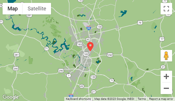 Map screenshot of the Austin, Texas area, perfect for planning an inspection route. A red location marker is centered, surrounded by highways 35, 45, 130, 183, 290, and 71. Green areas and bodies of water add depth to this detailed assessment tool.