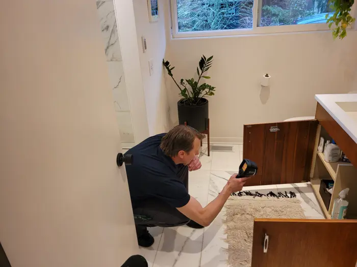 A man kneels on a bathroom floor, conducting an inspection with a flashlight under a wooden cabinet. The bathroom, adorned with a plant and white walls, offers a window view of trees. Nearby, a shaggy rug adds texture to the serene setting.