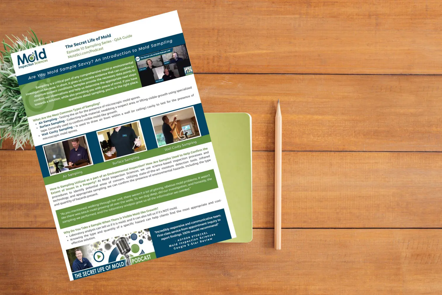 Magazine page titled The Secret Life of Mold rests on a wooden surface alongside a pencil and green notebook. Featuring text, images of people, and information about mold sampling and inspection techniques.