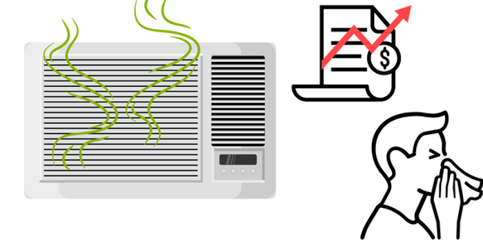 Illustration of a window air conditioner emitting green wavy lines, representing bad odor from mold, with a red jagged arrow pointing upward, symbolizing increasing air pollution.