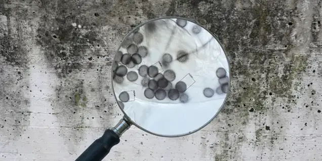 A magnifying glass held up to a stained, weathered concrete wall, enlarging several round, dark spots visible through the lens as part of a mold investigation.