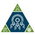 A triangular infographic in green and blue tones features three sections: a group of people with a medical cross, a doctor icon, and a wrench and gear icon, symbolizing healthcare, service teamwork, and assessment.