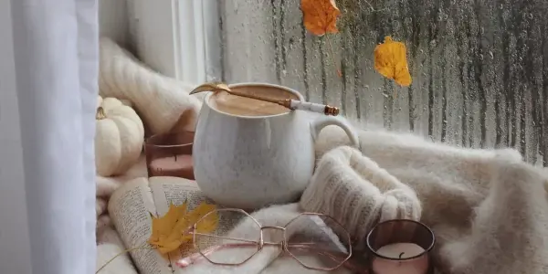 A cozy scene by a rainy window with a mug of coffee, an open book, glasses, a candle, a white knit sweater, and autumn leaves scattered around—perfect for quiet inspection on a chilly day. A small white pumpkin sits in the background.