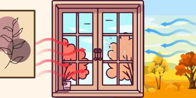 Illustration of a window showing warm air flowing out and cool air coming in, with autumn trees and blue sky outside—suggesting an assessment of indoor climate. A small plant and a framed leaf drawing sit inside by the window.