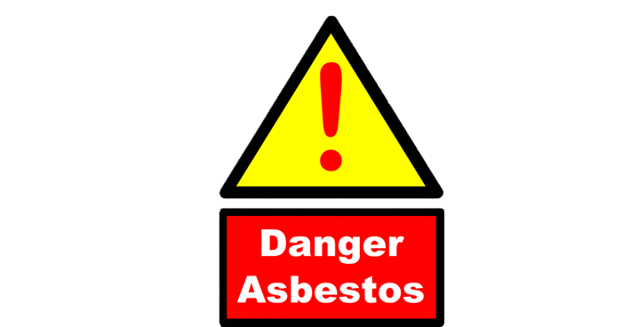 A triangular warning sign with an exclamation mark on a yellow background is above a red rectangular sign with white text that reads Danger Asbestos, cautioning all to proceed only after thorough inspection.