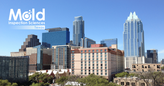 A cityscape view of downtown Austin, Texas, features modern skyscrapers against a clear blue sky. The tallest building, with its distinct geometric design, stands prominently. The Mold Inspection Sciences Texas logo is visible in the top left corner, symbolizing reliability in mold inspection and testing services.