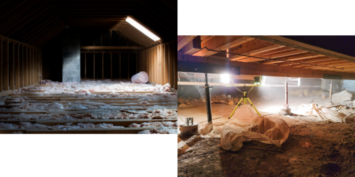 Side-by-side images show an unfinished attic with exposed beams and insulation (left) and a crawl space set up for investigation, featuring a dirt floor, wooden beams, construction lights, and plastic sheets (right).