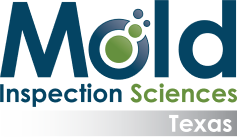 Logo of Mold Inspection Sciences Texas. The word "Mold" is artfully stylized, with the letter 'O' depicted as a green circle surrounded by smaller green and blue circles, resembling mold spores. The text "Inspection Sciences Texas" is below in blue and white, suggesting thorough sampling expertise.