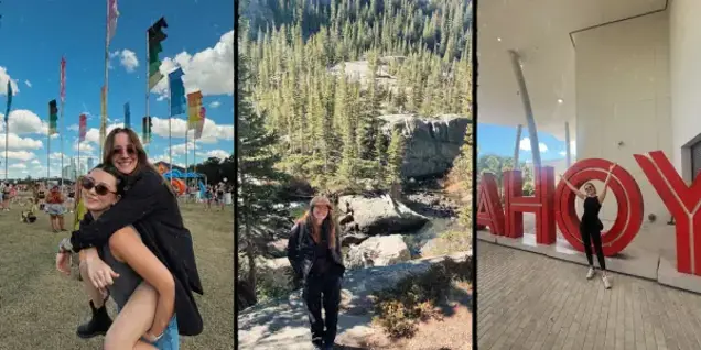 A collage of three photos: two smiling friends at a festival with colorful flags, a person standing on a rocky overlook surrounded by pine trees, and the same person posing beside large red AHOY letters after an inspection indoors.