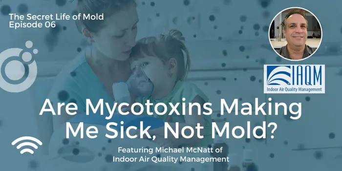A mother holds a child with a mask against a backdrop of mold spores. Text reads, The Secret Life of Mold Episode 06: Are Mycotoxins Making Me Sick, Not Mold? Featuring Michael McNatt of Indoor Air Quality Management. Michael McNatt's photo is shown. Expert assessment and testing are discussed in detail.