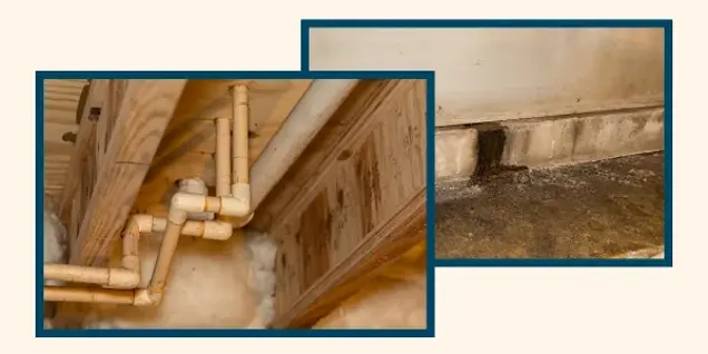 Two images show home water damage: one of exposed pipes under a wooden floor under investigation for leaks, and another of a cracked concrete wall with water stains and a damp floor awaiting further testing.