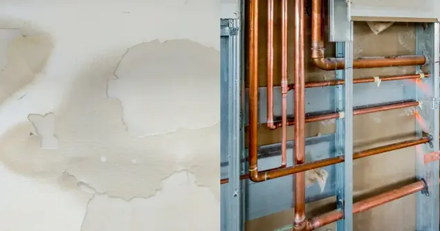 Left side: A wall with water stains and peeling paint, indicating possible mold. Right side: Exposed copper plumbing pipes visible during an inspection inside the building wall structure.