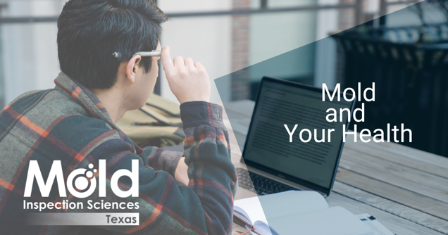 A person sits at a table with a laptop and notebook, intently studying a screen that displays "Mold and Your Health." The logo of Mold Inspection Sciences Texas is visible in the corner, highlighting the importance of thorough mold assessment.