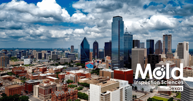 Aerial view of a cityscape with modern skyscrapers under a partly cloudy sky. Prominent buildings are mixed with smaller structures, highlighting the importance of mold inspection in urban living. The Mold Inspection Sciences Texas logo is visible in the bottom right corner.
