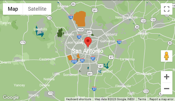 Map of San Antonio, Texas, showing major highways (I-35, I-37, I-10) and surrounding areas like Helotes, Converse, and Elmendorf. A red location marker indicates a point of interest in the city center for a mold investigation.