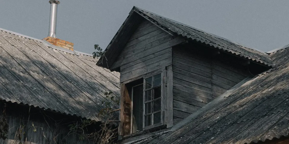 A wooden gable with a small window sits atop an old, weathered roof with corrugated metal sheets. A chimney is visible in the background, as if testing its resilience against the overcast sky. Climbing plants partially obscure the lower part of the window.