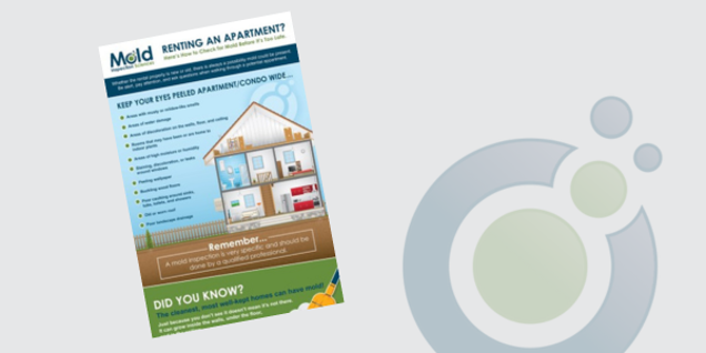 Infographic titled Renting an Apartment? from Mold Inc. featuring an illustrated cutaway of a house, with icons highlighting potential mold areas. Includes tips for mold inspection and identifying problem spots. Background showcases an abstract circular design.