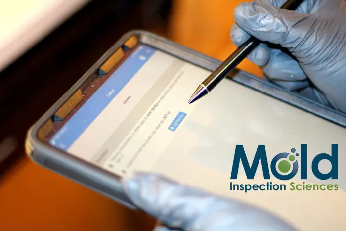 A person wearing gloves skillfully uses a stylus on a tablet displaying an assessment form. The Mold Inspection Sciences logo is prominently visible in the foreground, emphasizing their dedication to thorough mold investigation.