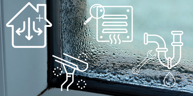 A window with condensation on the glass. Overlaid icons depict a house with arrows, a squeegee, a document with a magnifying glass, and a leaking faucet with a wrench, symbolizing home maintenance and inspection. This visual serves as an essential reminder for regular home assessment.