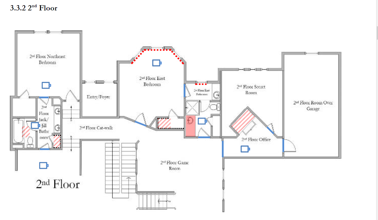 The second-floor plan includes bedrooms, bathrooms, a game room, office, and storage room. Features such as a staircase, foyers, and closets are labeled with their respective names and functions for easy assessment.