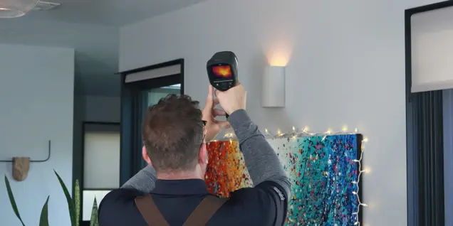 A person is conducting an assessment with a thermal imaging camera, aiming it at the ceiling. They are standing in a modern room with a colorful abstract painting on the wall, decorated with string lights.