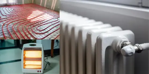 A collage shows underfloor heating pipes, a close-up of a white radiator, and a small portable electric heater glowing orange—ideal systems to consider during mold inspection and testing for optimal indoor air quality.