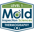 A badge with Level 1 Mold Inspection Sciences Thermography written inside. The design features a hexagonal shape in green and blue, incorporating elements of mold testing, including circular accents around the letter "o" in Mold.