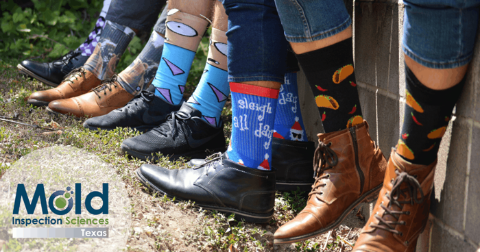 A row of people wearing colorful, patterned socks and various styles of shoes, including boots and sneakers, stand next to a brick wall. An inspection logo for Mold Inspection Sciences Texas is in the bottom left corner.