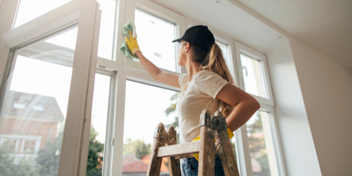 A person wearing a cap, yellow gloves, and a white T-shirt is standing on a ladder, meticulously sampling the dirt on a large window with a green cloth. Sunlight streams in, illuminating the suburban neighborhood outside.