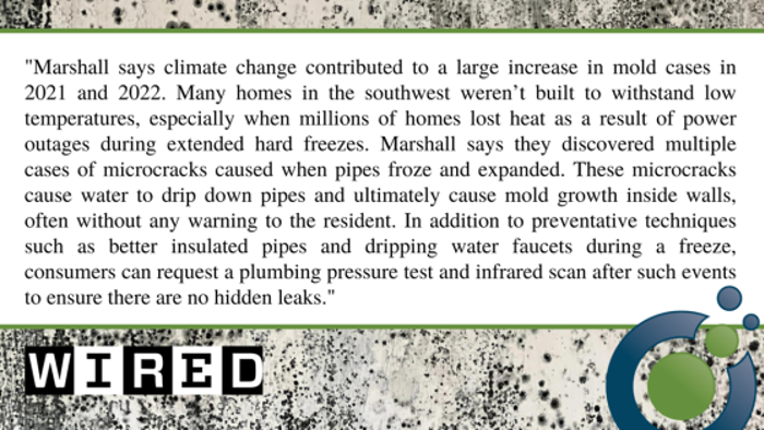 A WIRED article delves into the impact of climate change on mold cases in 2021 and 2022, noting how infrastructure struggles with low temperatures contribute to rising mold issues. The piece emphasizes the importance of insulation, preventative measures, and rigorous inspection to mitigate the problem.